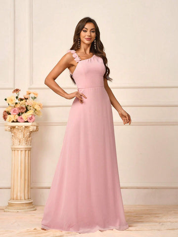 Women's Romantic Pink Chiffon Asymmetrical Neck Flower Shoulder Strap Design Suitable For Wedding Season And Mother's Day Back To School Season Music Festival Prom Summer Formal Bridesmaid Dress