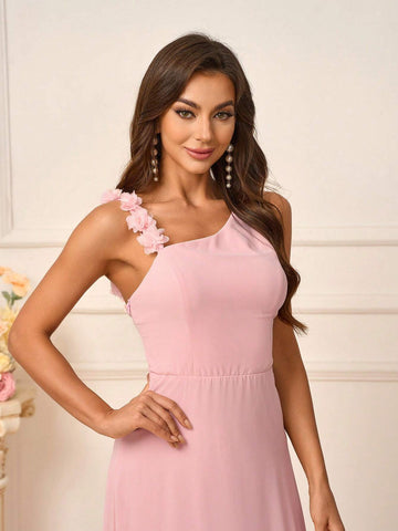 Women's Romantic Pink Chiffon Asymmetrical Neck Flower Shoulder Strap Design Suitable For Wedding Season And Mother's Day Back To School Season Music Festival Prom Summer Formal Bridesmaid Dress