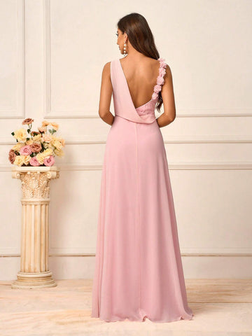 Women's Romantic Pink Chiffon Asymmetrical Neck Flower Shoulder Strap Design Suitable For Wedding Season And Mother's Day Back To School Season Music Festival Prom Summer Formal Bridesmaid Dress