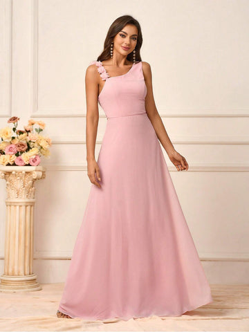 Women's Romantic Pink Chiffon Asymmetrical Neck Flower Shoulder Strap Design Suitable For Wedding Season And Mother's Day Back To School Season Music Festival Prom Summer Formal Bridesmaid Dress