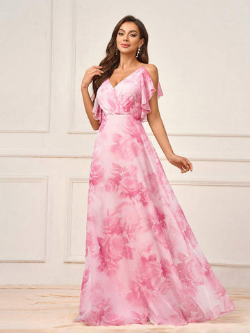 Women's Romantic Pink Flowing Ultra-Soft Gauze Printed With Large Flowers, Mother's Day Wedding Events, Graduation Season, Music Festival, Sister Gathering Dress Occasions, Formal Bridesmaid Dresses