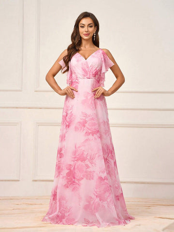 Women's Romantic Pink Flowing Ultra-Soft Gauze Printed With Large Flowers, Mother's Day Wedding Events, Graduation Season, Music Festival, Sister Gathering Dress Occasions, Formal Bridesmaid Dresses