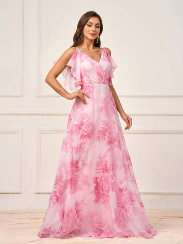 Women's Romantic Pink Flowing Ultra-Soft Gauze Printed With Large Flowers, Mother's Day Wedding Events, Graduation Season, Music Festival, Sister Gathering Dress Occasions, Formal Bridesmaid Dresses