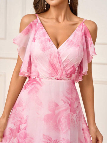 Women's Romantic Pink Flowing Ultra-Soft Gauze Printed With Large Flowers, Mother's Day Wedding Events, Graduation Season, Music Festival, Sister Gathering Dress Occasions, Formal Bridesmaid Dresses