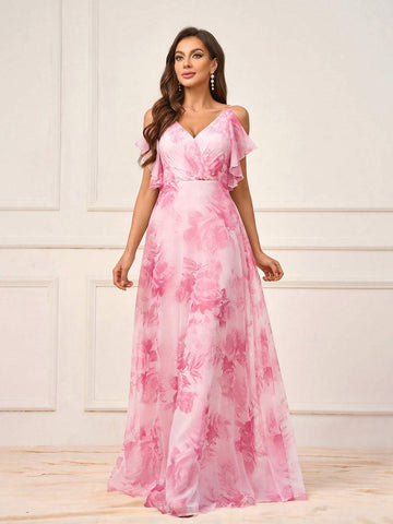 Women's Romantic Pink Flowing Ultra-Soft Gauze Printed With Large Flowers, Mother's Day Wedding Events, Graduation Season, Music Festival, Sister Gathering Dress Occasions, Formal Bridesmaid Dresses