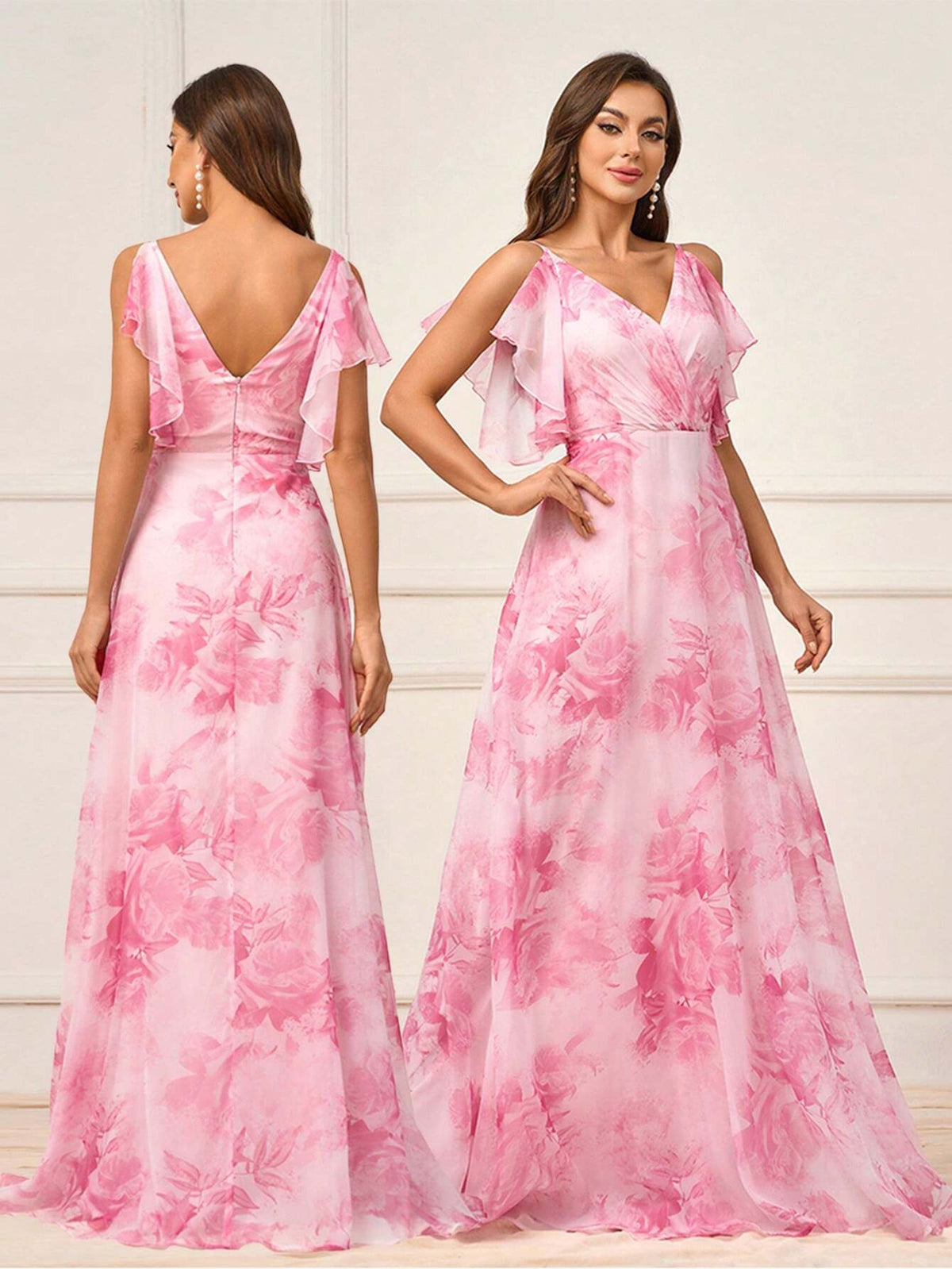 Women's Romantic Pink Flowing Ultra-Soft Gauze Printed With Large Flowers, Mother's Day Wedding Events, Graduation Season, Music Festival, Sister Gathering Dress Occasions, Formal Bridesmaid Dresses