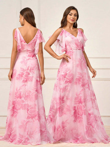 Women's Romantic Pink Flowing Ultra-Soft Gauze Printed With Large Flowers, Mother's Day Wedding Events, Graduation Season, Music Festival, Sister Gathering Dress Occasions, Formal Bridesmaid Dresses