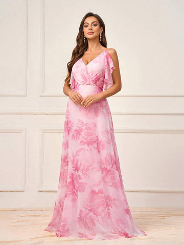 Women's Romantic Pink Flowing Ultra-Soft Gauze Printed With Large Flowers, Mother's Day Wedding Events, Graduation Season, Music Festival, Sister Gathering Dress Occasions, Formal Bridesmaid Dresses