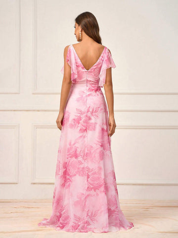 Women's Romantic Pink Flowing Ultra-Soft Gauze Printed With Large Flowers, Mother's Day Wedding Events, Graduation Season, Music Festival, Sister Gathering Dress Occasions, Formal Bridesmaid Dresses