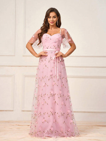 Women's Romantic Pink Mesh Embroidery Three-Dimensional Flowers Flowing Tie Bow Tie Suitable For Romantic Wedding Events Mother's Day Bridesmaid Dress