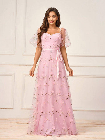 Women's Romantic Pink Mesh Embroidery Three-Dimensional Flowers Flowing Tie Bow Tie Suitable For Romantic Wedding Events Mother's Day Bridesmaid Dress