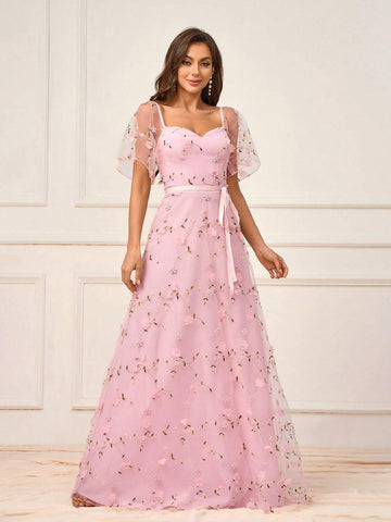 Women's Romantic Pink Mesh Embroidery Three-Dimensional Flowers Flowing Tie Bow Tie Suitable For Romantic Wedding Events Mother's Day Bridesmaid Dress