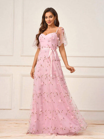 Women's Romantic Pink Mesh Embroidery Three-Dimensional Flowers Flowing Tie Bow Tie Suitable For Romantic Wedding Events Mother's Day Bridesmaid Dress