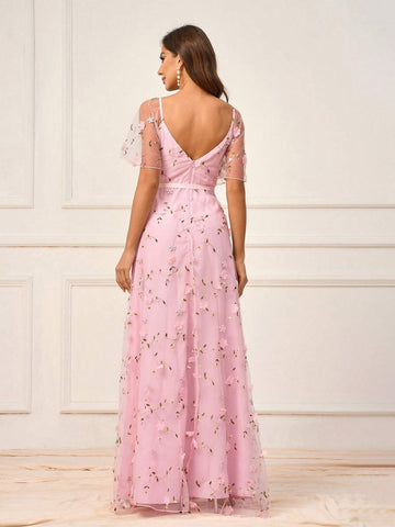 Women's Romantic Pink Mesh Embroidery Three-Dimensional Flowers Flowing Tie Bow Tie Suitable For Romantic Wedding Events Mother's Day Bridesmaid Dress