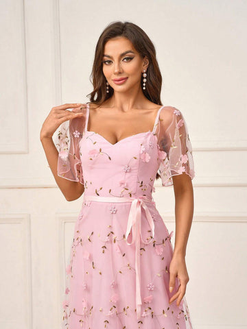 Women's Romantic Pink Mesh Embroidery Three-Dimensional Flowers Flowing Tie Bow Tie Suitable For Romantic Wedding Events Mother's Day Bridesmaid Dress