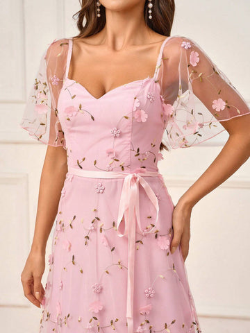 Women's Romantic Pink Mesh Embroidery Three-Dimensional Flowers Flowing Tie Bow Tie Suitable For Romantic Wedding Events Mother's Day Bridesmaid Dress