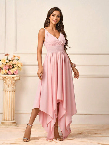 Women's Romantic Pink Soft Skin-Friendly Woven Fabric Twisted Shoulder Straps V-Neck Waist Knot Front Knot Secondary Process Elastic  V-Shaped Back Knot Season Mother's Day Wedding Events Graduation Season Occasions Formal Bridesmaid Dresses