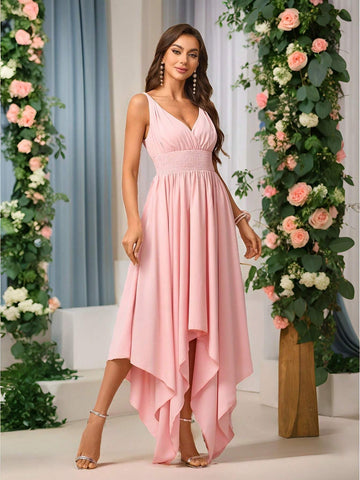 Women's Romantic Pink Soft Skin-Friendly Woven Fabric Twisted Shoulder Straps V-Neck Waist Knot Front Knot Secondary Process Elastic  V-Shaped Back Knot Season Mother's Day Wedding Events Graduation Season Occasions Formal Bridesmaid Dresses
