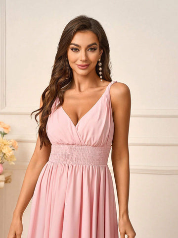 Women's Romantic Pink Soft Skin-Friendly Woven Fabric Twisted Shoulder Straps V-Neck Waist Knot Front Knot Secondary Process Elastic  V-Shaped Back Knot Season Mother's Day Wedding Events Graduation Season Occasions Formal Bridesmaid Dresses
