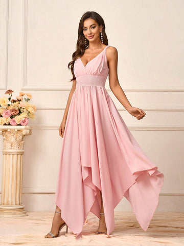 Women's Romantic Pink Soft Skin-Friendly Woven Fabric Twisted Shoulder Straps V-Neck Waist Knot Front Knot Secondary Process Elastic  V-Shaped Back Knot Season Mother's Day Wedding Events Graduation Season Occasions Formal Bridesmaid Dresses