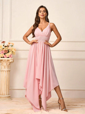 Women's Romantic Pink Soft Skin-Friendly Woven Fabric Twisted Shoulder Straps V-Neck Waist Knot Front Knot Secondary Process Elastic  V-Shaped Back Knot Season Mother's Day Wedding Events Graduation Season Occasions Formal Bridesmaid Dresses