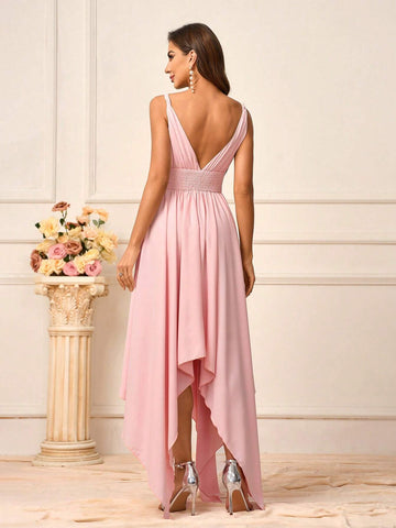 Women's Romantic Pink Soft Skin-Friendly Woven Fabric Twisted Shoulder Straps V-Neck Waist Knot Front Knot Secondary Process Elastic  V-Shaped Back Knot Season Mother's Day Wedding Events Graduation Season Occasions Formal Bridesmaid Dresses