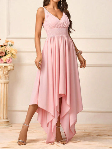 Women's Romantic Pink Soft Skin-Friendly Woven Fabric Twisted Shoulder Straps V-Neck Waist Knot Front Knot Secondary Process Elastic  V-Shaped Back Knot Season Mother's Day Wedding Events Graduation Season Occasions Formal Bridesmaid Dresses