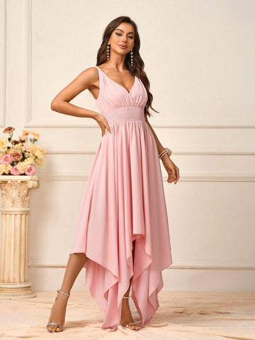 Women's Romantic Pink Soft Skin-Friendly Woven Fabric Twisted Shoulder Straps V-Neck Waist Knot Front Knot Secondary Process Elastic  V-Shaped Back Knot Season Mother's Day Wedding Events Graduation Season Occasions Formal Bridesmaid Dresses
