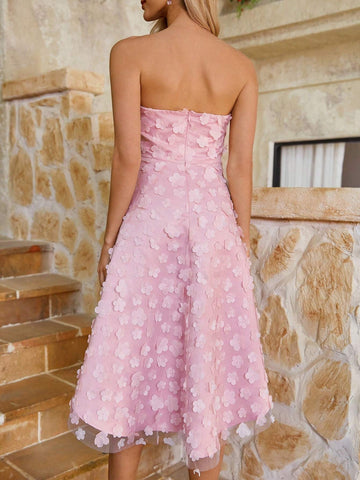 Women's Romantic Pink Three-Dimensional Damask Fabric Tube Top 3d Flower Mesh Irregular Hem Suitable For Wedding Season, Graduation Season, Mother's Day, Music Festival, Valentine's Day, Ramadan Dinner And Dance Cocktail Dress Short