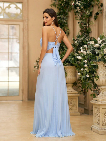 Women's Romantic & Elegant Blue Chiffon Fabric Bridesmaid Dress With Sunburst Pleats On The Chest, Crossed Back Straps Decorated With Bowknots, Hook & Eye Closure, And Pleats Details At The Hem