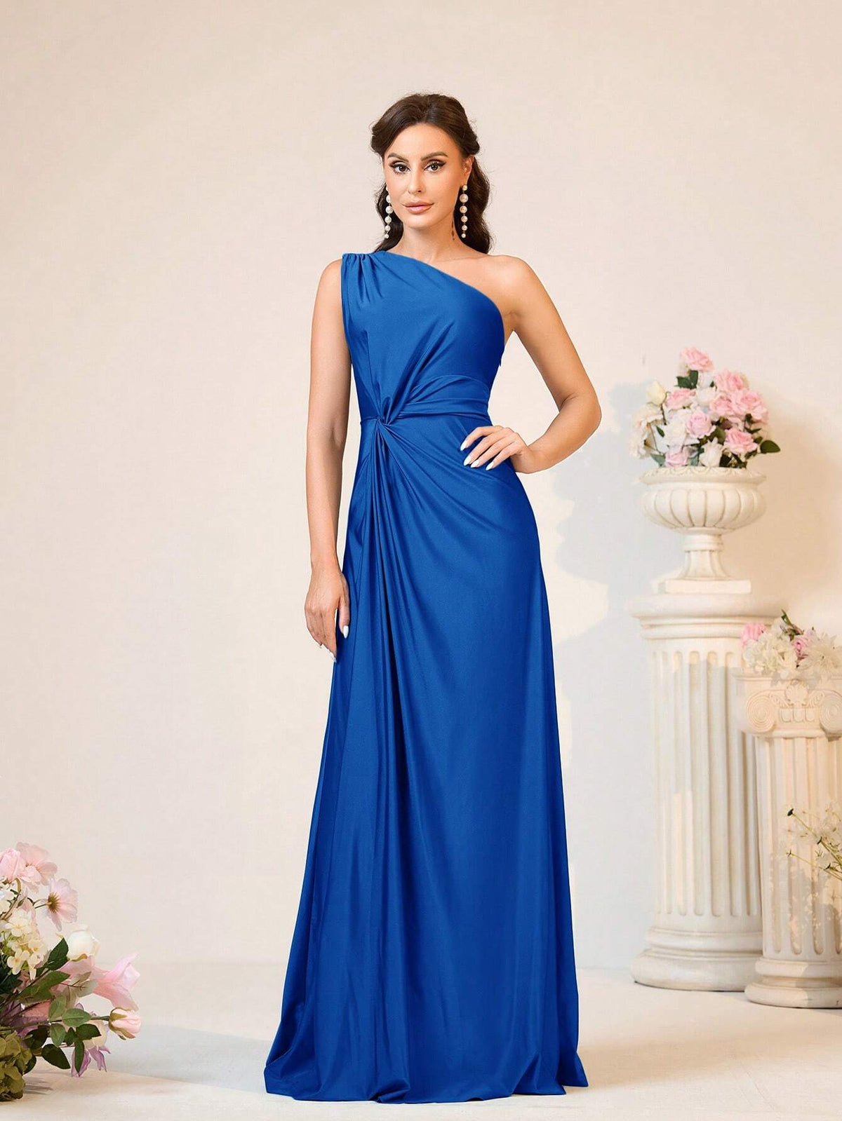 Women's Romantic & Elegant Green Elastic Knit Fabric One Shoulder Twist Loose A-Line Bridesmaid Dress