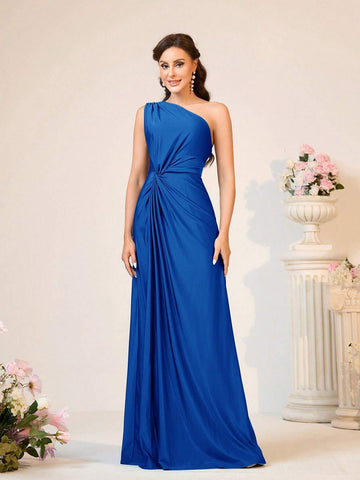 Women's Romantic & Elegant Green Elastic Knit Fabric One Shoulder Twist Loose A-Line Bridesmaid Dress