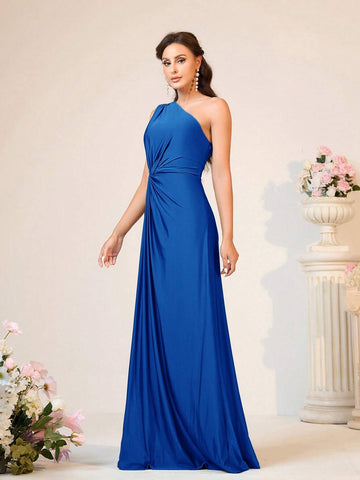 Women's Romantic & Elegant Green Elastic Knit Fabric One Shoulder Twist Loose A-Line Bridesmaid Dress