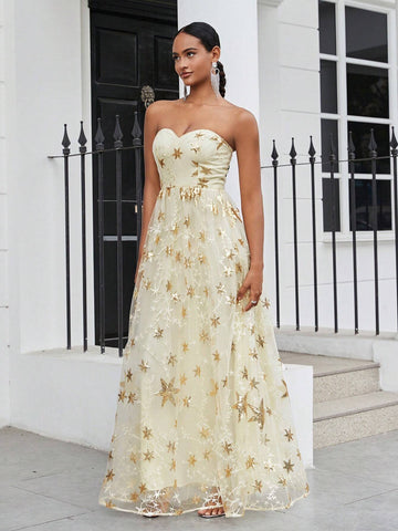 Women's Romantic & Gorgeous Beaded Star Embroidery Strapless Gold Fine Glitter Mesh FabricPuffy Hem Suitable For Attending Dinner Events Wedding Season Valentine's Day Graduation Season Holiday Women Formal Evening Derss