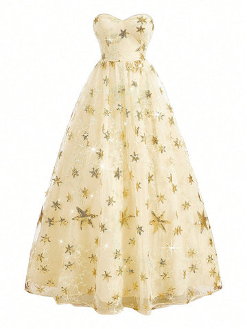 Women's Romantic & Gorgeous Beaded Star Embroidery Strapless Gold Fine Glitter Mesh FabricPuffy Hem Suitable For Attending Dinner Events Wedding Season Valentine's Day Graduation Season Holiday Women Formal Evening Derss