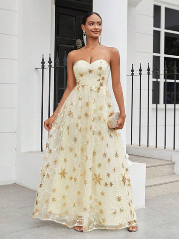 Women's Romantic & Gorgeous Beaded Star Embroidery Strapless Gold Fine Glitter Mesh FabricPuffy Hem Suitable For Attending Dinner Events Wedding Season Valentine's Day Graduation Season Holiday Women Formal Evening Derss
