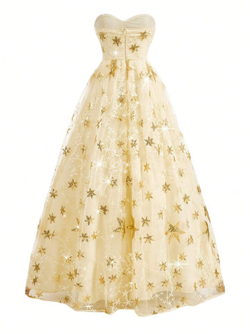 Women's Romantic & Gorgeous Beaded Star Embroidery Strapless Gold Fine Glitter Mesh FabricPuffy Hem Suitable For Attending Dinner Events Wedding Season Valentine's Day Graduation Season Holiday Women Formal Evening Derss