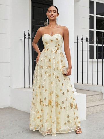 Women's Romantic & Gorgeous Beaded Star Embroidery Strapless Gold Fine Glitter Mesh FabricPuffy Hem Suitable For Attending Dinner Events Wedding Season Valentine's Day Graduation Season Holiday Women Formal Evening Derss