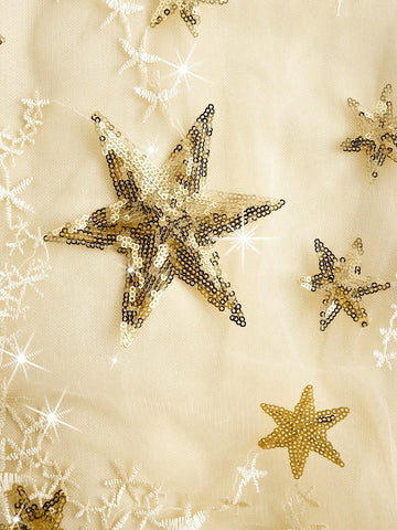 Women's Romantic & Gorgeous Beaded Star Embroidery Strapless Gold Fine Glitter Mesh FabricPuffy Hem Suitable For Attending Dinner Events Wedding Season Valentine's Day Graduation Season Holiday Women Formal Evening Derss