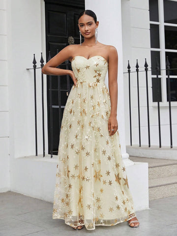Women's Romantic & Gorgeous Beaded Star Embroidery Strapless Gold Fine Glitter Mesh FabricPuffy Hem Suitable For Attending Dinner Events Wedding Season Valentine's Day Graduation Season Holiday Women Formal Evening Derss