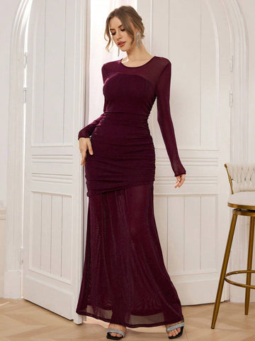 Women's Round Neck Long Sleeve Solid Color Splice Mesh Ruched Fishtail Hem Elegant Cocktail Dress