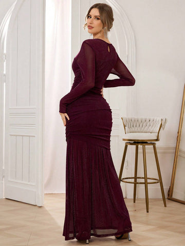 Women's Round Neck Long Sleeve Solid Color Splice Mesh Ruched Fishtail Hem Elegant Cocktail Dress