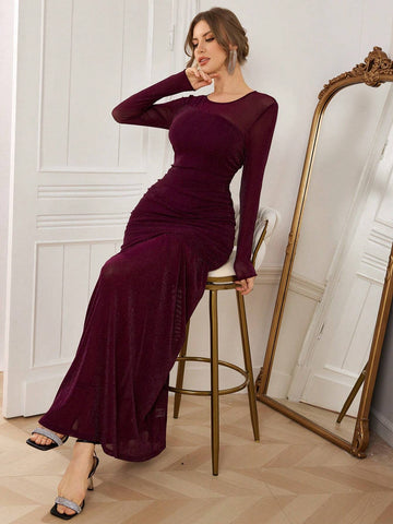 Women's Round Neck Long Sleeve Solid Color Splice Mesh Ruched Fishtail Hem Elegant Cocktail Dress