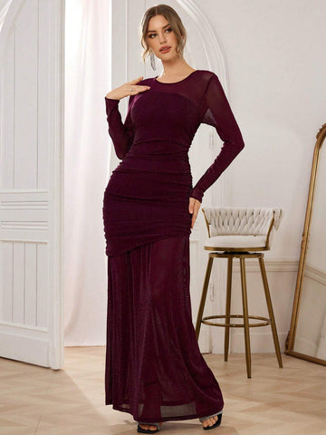 Women's Round Neck Long Sleeve Solid Color Splice Mesh Ruched Fishtail Hem Elegant Cocktail Dress