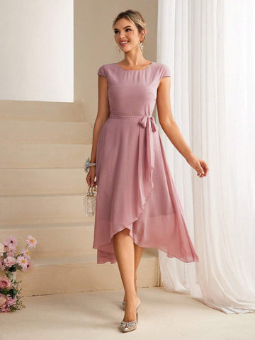 Women's Round Neckline Cap Sleeve Asymmetrical Hem Bridesmaid Dress
