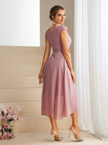 Women's Round Neckline Cap Sleeve Asymmetrical Hem Bridesmaid Dress