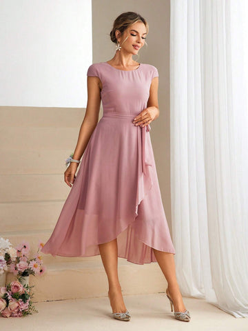 Women's Round Neckline Cap Sleeve Asymmetrical Hem Bridesmaid Dress