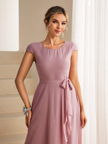 Women's Round Neckline Cap Sleeve Asymmetrical Hem Bridesmaid Dress