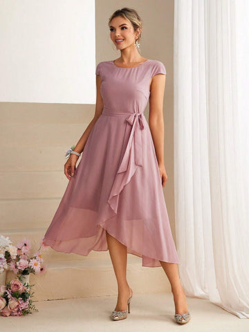 Women's Round Neckline Cap Sleeve Asymmetrical Hem Bridesmaid Dress