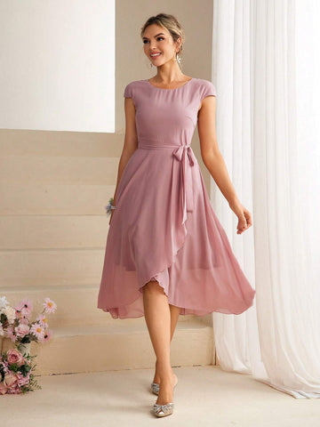 Women's Round Neckline Cap Sleeve Asymmetrical Hem Bridesmaid Dress